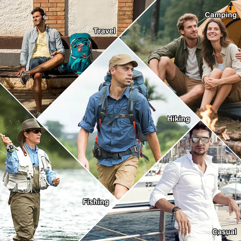 Collage of people wearing safari shirts in various outdoor activities: travel, camping, hiking, fishing, and casual.