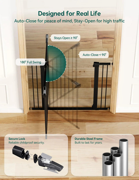 Auto Close Baby Gate For Doorways And Stairs 26 To 40 Inch Pressure Mounted No Drill Safety Gate with 180° full swing open feature