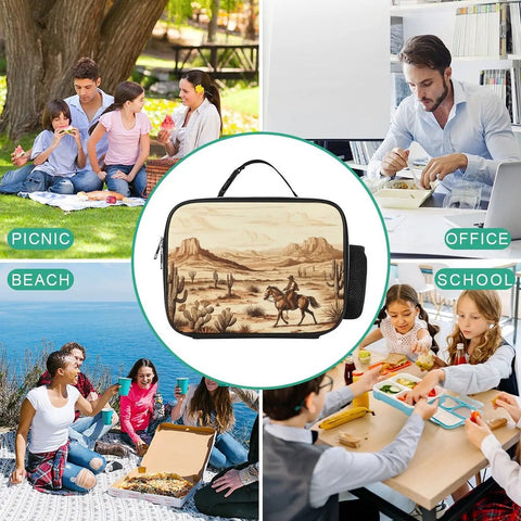 Insulated Lunch Bag With Desert Cactus And Cowboys Riding Horses Design for picnic, office, beach, and school use.