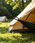 Two Pack Hammock Straps With Carabiners, 13 Feet Total Length set up with a tent, showcasing adjustable loops and carabiner attachment.