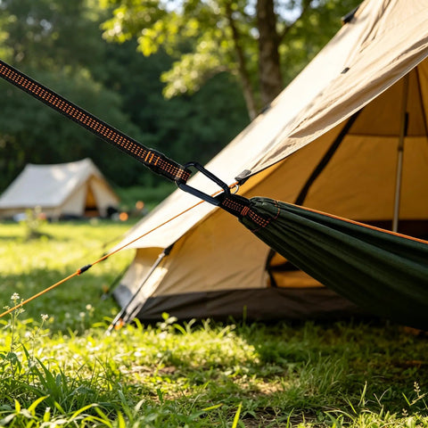 Two Pack Hammock Straps With Carabiners, 13 Feet Total Length set up with a tent, showcasing adjustable loops and carabiner attachment.