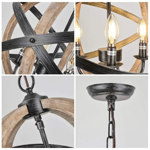 Close-up of Cozy Rustic Farmhouse 4 Light Chandelier, showing height adjustable design, wood frame, and vintage white finish.