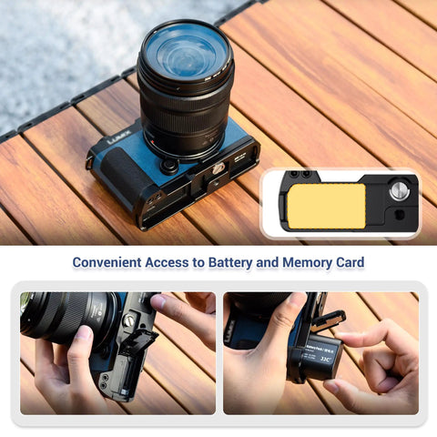 Street Ready S9 Hand Grip For Panasonic Lumix S9 Camera With L Shape Bracket And Built In Arca Quick Release Plate Battery Compartment Access Anti Slip Leather Pad For A Solid On The Go Shoot showing battery access and handling.