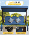 Three Seat Outdoor Porch Patio Swing With Adjustable Canopy And Cup Holder, shown with blue cushions and safety features.