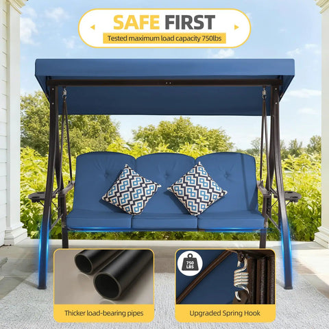 Three Seat Outdoor Porch Patio Swing With Adjustable Canopy And Cup Holder, shown with blue cushions and safety features.