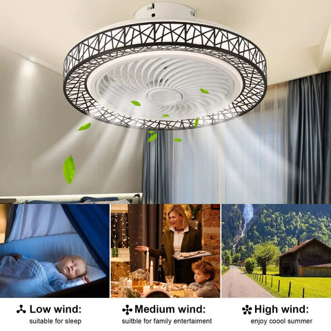 Modern 20 Inch Bladeless Ceiling Fan With Light Low Profile Recessed Fan 72W LED Light Remote Control in bedroom setting