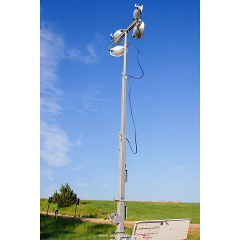 Light pole secured with Heavy Duty Brake Winch 1200 Lb Capacity, Rust-Resistant TUFFPLATE Zinc Finish, Power Coated, USA made