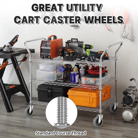 Wire shelving cart with 4 Inch Caster Wheels Set Of 4 With Standard Course Threaded Stem And One And A Half Inch Shaft Heavy Duty TPR Swivel Casters