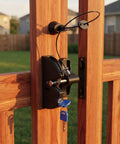 INOOMP 1Set Gate Lock for Outdoor Fence, 2-Sided Self-Locking Latch w Key on wooden gate showing self-locking mechanism.