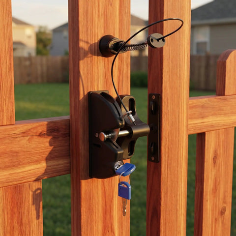 INOOMP 1Set Gate Lock for Outdoor Fence, 2-Sided Self-Locking Latch w Key on wooden gate showing self-locking mechanism.