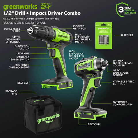 24V Brushless Cordless Drill And Impact Driver Combo Kit with drill, impact driver, batteries, charger, bit set, and carry bag.