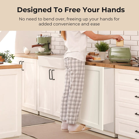 Person using Under Cabinet Foot Pull Hands Free Trash Drawer Opener With Adhesive Strips And Screws White in kitchen