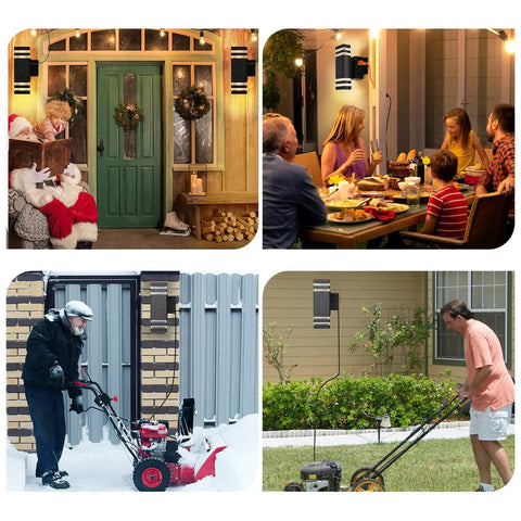 Outdoor Dusk To Dawn Light With Built In GFCI Outlet illuminating diverse home activities and decor settings at night.