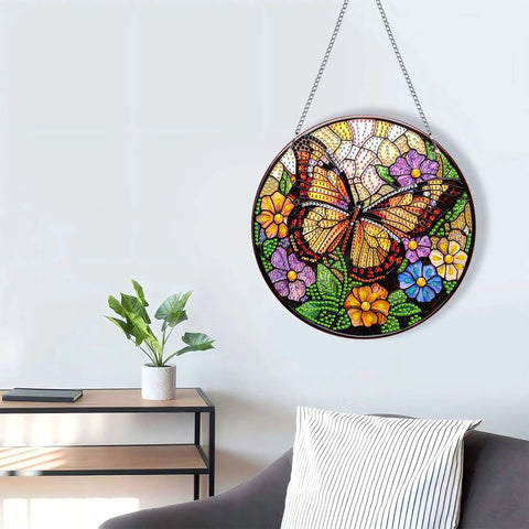 Dual Sided Diamond Art Hanging Kit For Adults With Butterfly Crystal Ornaments, floral pattern on 8x8 inch frame.