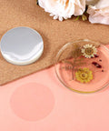 Clear Badge Film for Button Making 400 Pcs Protective PVC Shield for 58mm and 70mm badges, shown with flowers and cork backdrop