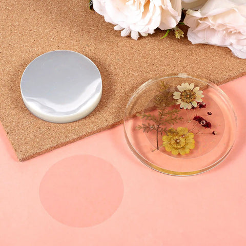Clear Badge Film for Button Making 400 Pcs Protective PVC Shield for 58mm and 70mm badges, shown with flowers and cork backdrop