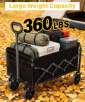 All Terrain Folding Utility Wagon With Wheels For Groceries Moving Sports And Garden Collapsible Cart Portable And Easy To Store 360 Degree Front Wheels Durable PU Tires Great For Yard Work And Shopping Hauls holding camping gear in a forest.