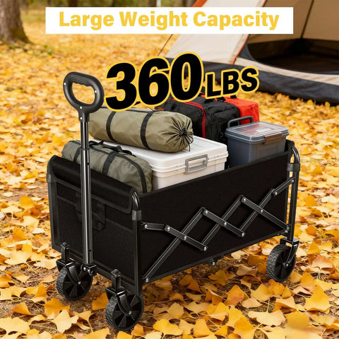 All Terrain Folding Utility Wagon With Wheels For Groceries Moving Sports And Garden Collapsible Cart Portable And Easy To Store 360 Degree Front Wheels Durable PU Tires Great For Yard Work And Shopping Hauls holding camping gear in a forest.