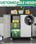 Open view of customizable height feature in Heavy Duty 10 Piece Steel Garage Cabinet System With Workbench All In One Modular Garage Storage Set For Ultimate Workshop Organization Easy Assembly Cabinets And Tool Bench For Serious DIYers