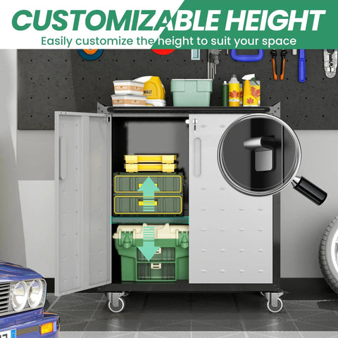 Open view of customizable height feature in Heavy Duty 10 Piece Steel Garage Cabinet System With Workbench All In One Modular Garage Storage Set For Ultimate Workshop Organization Easy Assembly Cabinets And Tool Bench For Serious DIYers