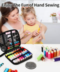 Mother and child using All In One Travel Sewing Kit for Beginners and Adults with scissors, thread, and needles on table