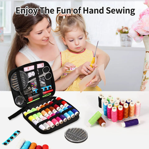Mother and child using All In One Travel Sewing Kit for Beginners and Adults with scissors, thread, and needles on table