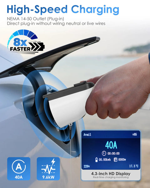 Close-up of Level 2 EV Charger 40A 240V Home Charging Station with 26 Ft Cable shown charging a J1772 vehicle.