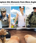 Cyclist, tennis player, and hiker wearing 4K Mini Body Camera With 6 Axis Stabilization 128GB Built In Memory Waterproof Wearable Action Cam For Cycling Travel And Outdoor Adventures Hands Free Audio Capture, with a cat wearing the camera.