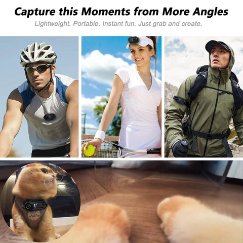Cyclist, tennis player, and hiker wearing 4K Mini Body Camera With 6 Axis Stabilization 128GB Built In Memory Waterproof Wearable Action Cam For Cycling Travel And Outdoor Adventures Hands Free Audio Capture, with a cat wearing the camera.
