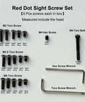 Top Shelf Red Dot Sight Screw Kit With M3 M3.5 And M4 Torx Anti Stripping Bolts Plus M4 Hex Picatinny Mounts displayed screws and wrenches.
