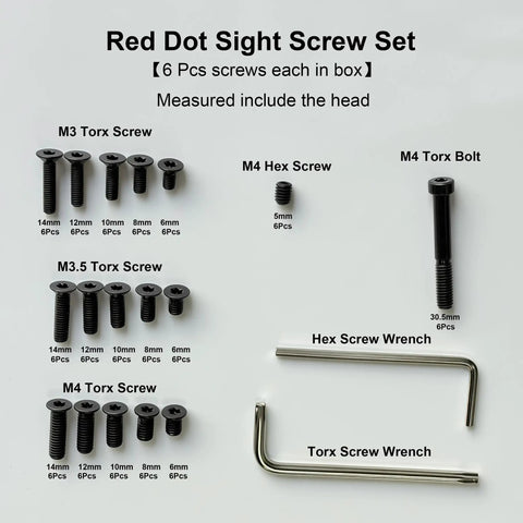Top Shelf Red Dot Sight Screw Kit With M3 M3.5 And M4 Torx Anti Stripping Bolts Plus M4 Hex Picatinny Mounts displayed screws and wrenches.
