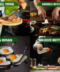 134 Piece Griddle Accessories Kit For Hibachi Flat Top Grills includes grill tong, griddle spatula, egg rings, and squeeze bottle.