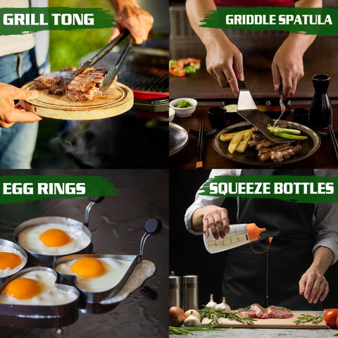 134 Piece Griddle Accessories Kit For Hibachi Flat Top Grills includes grill tong, griddle spatula, egg rings, and squeeze bottle.