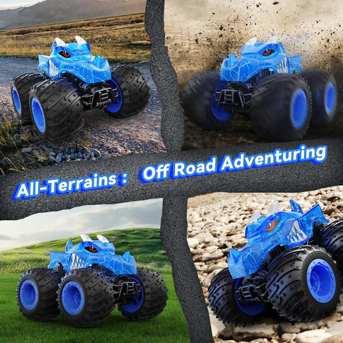 Collage of Monster Truck Remote Control Car navigating various terrains with light spray and LED boosters for kids ages 3+