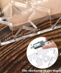 Kickass Star Router Jig Template Clear Hardened Acrylic Inlay Guide For Woodworking shows star patterns on wood with thickness measurement.