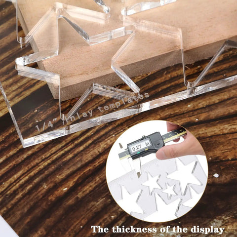Kickass Star Router Jig Template Clear Hardened Acrylic Inlay Guide For Woodworking shows star patterns on wood with thickness measurement.
