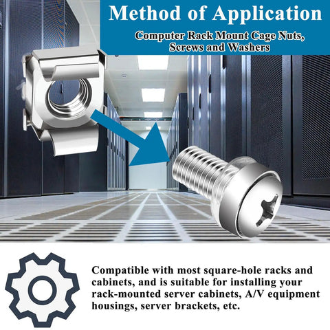 Heavy Duty M6 X 16Mm Rack Mount Screws And Cage Nuts, 45 Piece Solid Hardware Kit For Server Cabinets And Router Shelves, Square Hole Fasteners, No Sweat Rack Install, Silver, featuring a cage nut and screw.