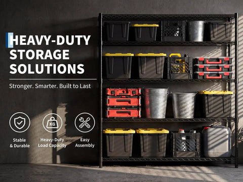 Heavy Duty Wire Shelving Rack With Five Tier Carbon Steel Build And 640 Pound Load Rating That Really Knocks The Clutter Out Of The Park For Your Home Or Garage, holding storage bins and tools.