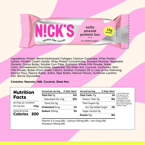 Salty peanut protein bar with packaging details and nutrition facts, part of Protein Bar Variety Pack With Candy Bar Taste, 12 Pack
