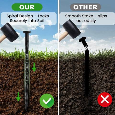 Comparison of Heavy Duty 8 Inch Plastic Landscape Edging Spikes, 220 Pack showing spiral and smooth designs in soil