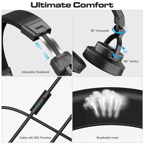 Wired Over-Ear Studio Monitor Headphones For Recording And Mixing With Fifty Millimeter Drivers And Wide Frequency Response, adjustable headband, rotatable ear cups, cable with mic, breathable mesh