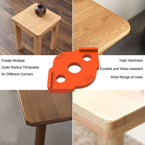 Top Shelf Eight Piece Router Template Kit For Smooth Radius Rounding And Flawless Corner Profiles Heavy Duty Abs Pc Woodshop Jigs showcasing R25 template on wood surfaces.