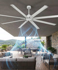 96 Inch Large Industrial Ceiling Fan With DC Motor And Remote Control, silver blades on patio, reversible airflow