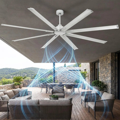 96 Inch Large Industrial Ceiling Fan With DC Motor And Remote Control, silver blades on patio, reversible airflow