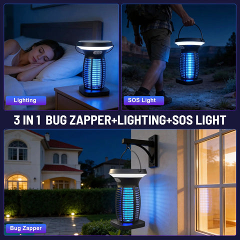 Outdoor Bug Zapper Solar Powered USB Rechargeable 4200V High Voltage Mosquito And Insect Killer UV Light Trap in use at night