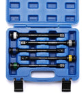 Five Piece One Half Inch Drive Torque Limiting Extension Bar Set With Color Coded Ends For Easy Use Pro Grade Built From Impact Grade Chrome Molybdenum Steel With Black Finish Spring Loaded End Ball Torque Settings 65 To 140 Ft Lbs 90 To 190 Nm in a blue case