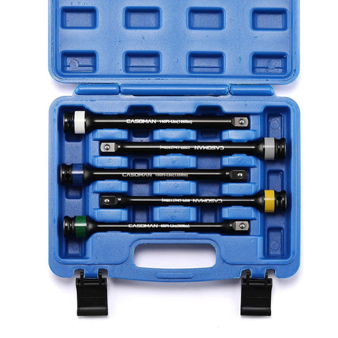 Five Piece One Half Inch Drive Torque Limiting Extension Bar Set With Color Coded Ends For Easy Use Pro Grade Built From Impact Grade Chrome Molybdenum Steel With Black Finish Spring Loaded End Ball Torque Settings 65 To 140 Ft Lbs 90 To 190 Nm in a blue case