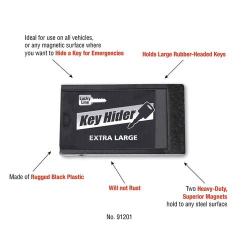 Extra Large Magnetic Key Hider Case with labels highlighting features, including rugged design and heavy-duty magnets, against white background.