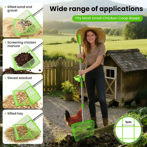 2 In 1 Chicken Poop Scooper And Rake With Handle 12 Inch Heavy Duty Metal Coop Cleaner held by woman in farm setting