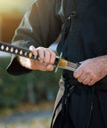 Unsharpened Stainless Steel Wakizashi Iaito For Iaido Practice, 21 Inch Blade With Bo Hi Fuller, person holding sword handle